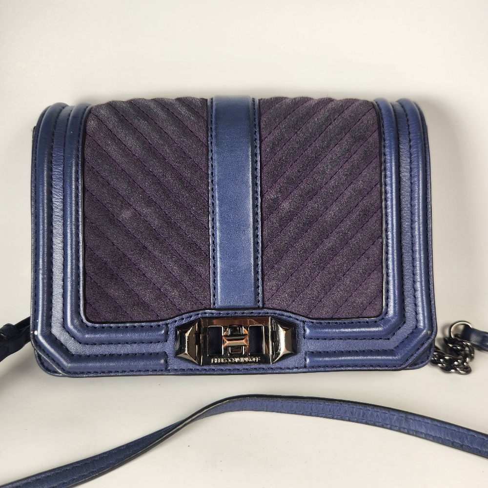 REBECCA MINKOFF Mini Love Chevron Quilted Crossbody Bag Blue Leather Purse